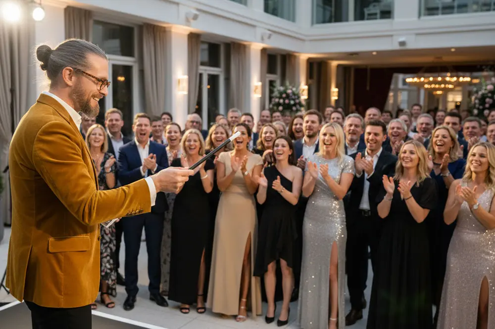 Bühnenprogramm von Zauberer Simabu auf einer Hochzeitsfeier in Niedersachsen