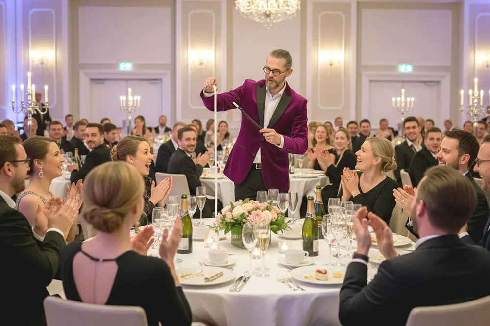 Begeisterte Reaktion bei Tischzauberei von Zauberer Simabu auf einer Feier