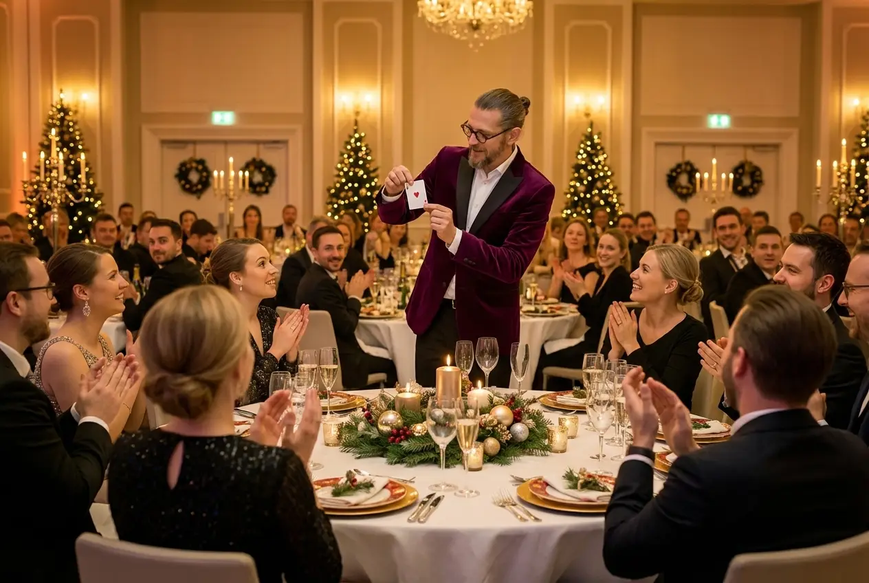 Tischzauberer Weihnachtsfeier: Simabu zaubert direkt am Tisch während des Dinners