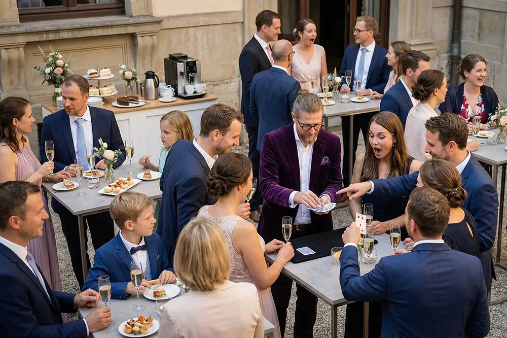 Hochzeitszauberer Simabu beim Sektempfang im Schlosshof – Close-Up Magie an mehreren Tischen in Hannover