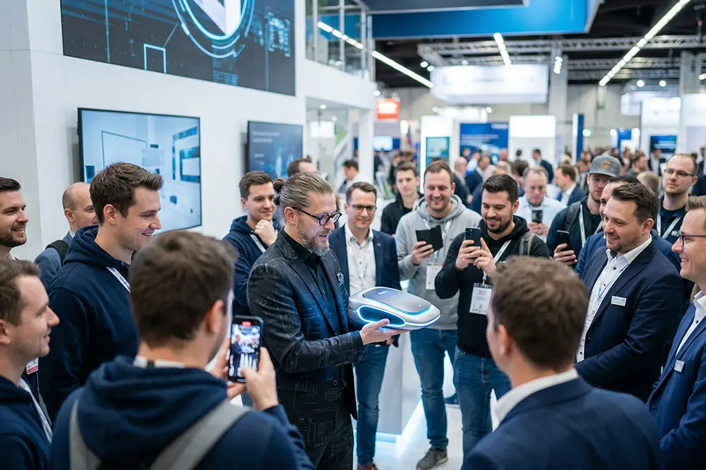 Messeshow Zauberer Hannover: Simabu präsentiert eine Produktidee am Messestand und fesselt viele Messebesucher