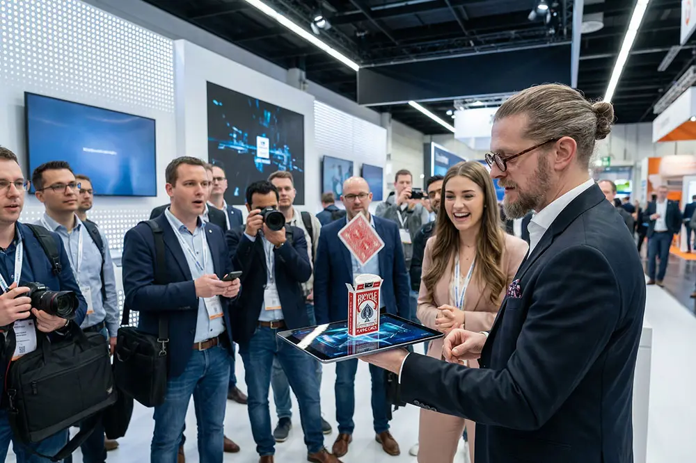 Zauberer für Messe in Hannover: Simabu fesselt eine große Besuchergruppe am Messestand mit Messezauberei und Produktfokus