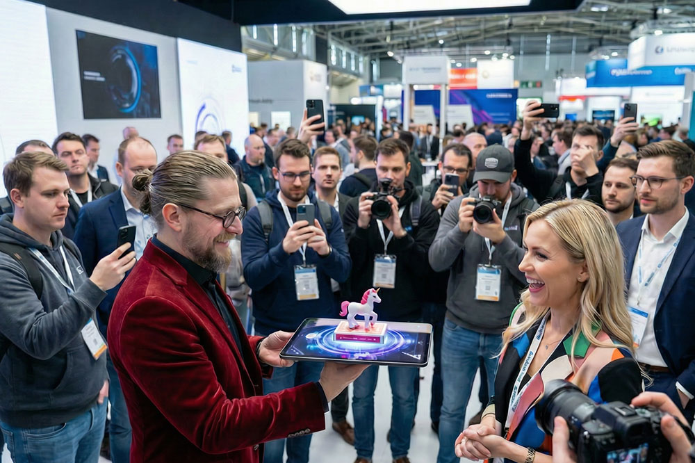 Zauberer Messe Hannover: Messezauberer Simabu präsentiert am Messestand ein Produkt mit moderner Close-up Magie vor vielen Messebesuchern