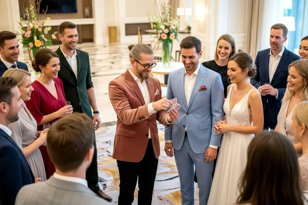 Zauberer Simabu beim Sektempfang einer Hochzeit in Celle – Gäste am Celler Schloss staunen und lachen